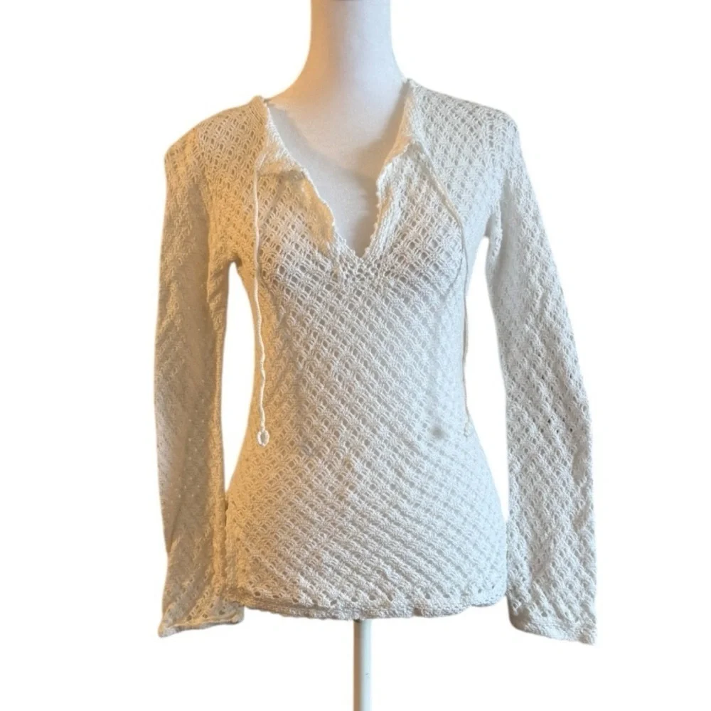 Banana Republic White Crochet Pullover Top Cotton Long Sleeve Boho Textured